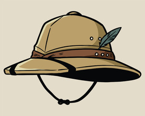 Vintage Safari Pith Helmet with Wide Brim and Feather Illustration © Heyuu Art