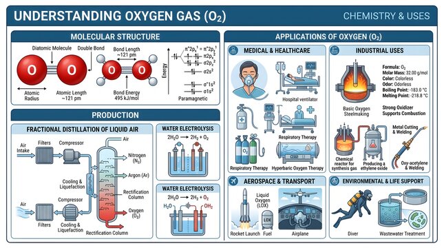 Understanding oxygen gas (O₂) infographic combining molecular structure, fractional distillation production methods and diverse applications in medicine, aerospace, transport, industrial welding, cutt