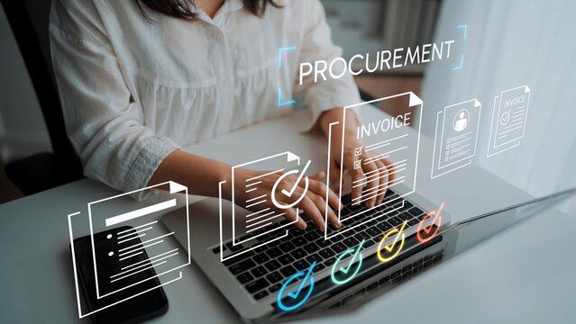 Person Engaged in Digital Procurement Process with Computer and Documents in Modern Workspace Focusing on Invoices and Organizational Tasks Gluon.