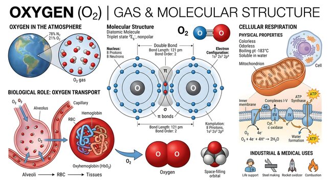 Comprehensive infographic on oxygen (O₂) gas and molecular structure, illustrating atmospheric distribution, Bohr models of oxygen atoms and O₂ molecules, cellular respiration in mitochondria, blood o