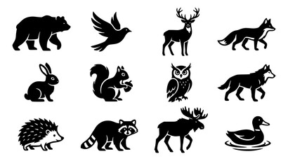 Fototapeta premium Black and white animal icon collection with bear bird deer and wildlife silhouettes