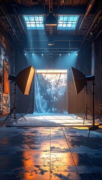A dimly lit photography studio with softbox lights