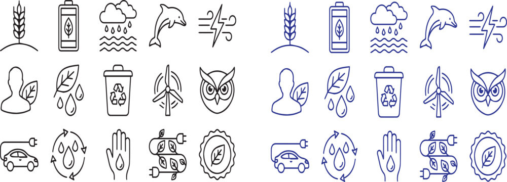 Set of linear environment and sustainability icons in black and dark blue outline styles