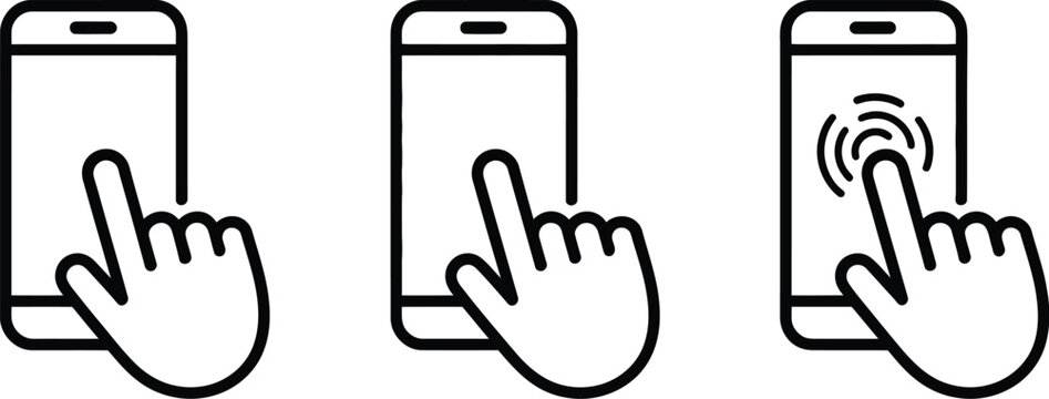 Touch screen, smartphone icons, mobile tap click interaction symbols touchscreen gestures and user interface navigation elements.