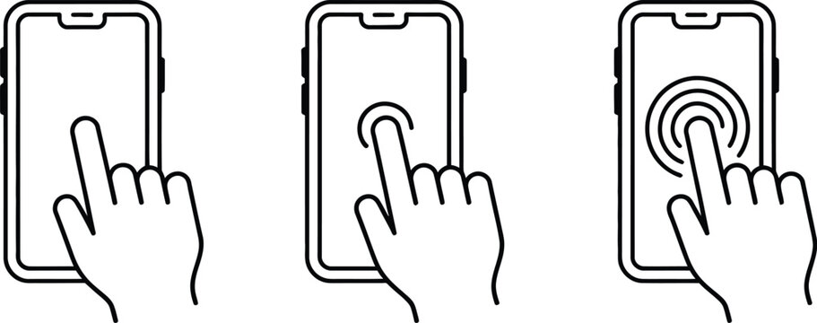 Touch, screen smartphone icons, hand tap mobile screen gestures touch controls and digital interface interaction symbols.