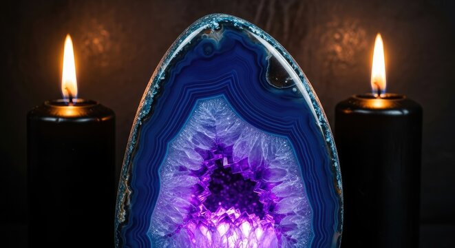 Glowing Purple Geode with Candles.