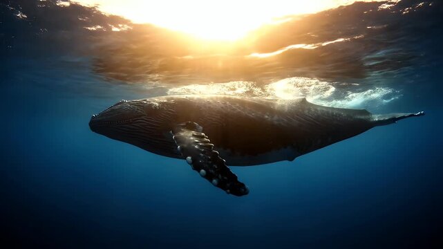 A majestic humpback whale swimming gracefully through deep blue ocean waters under a bright golden sun