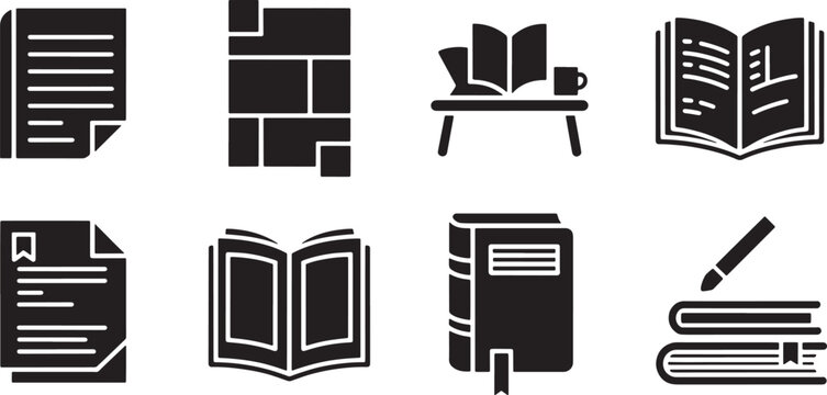 Modern books documents reading education library knowledge study school icons set in solid
