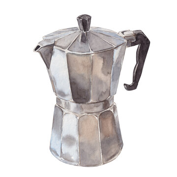 Watercolor hand drawn moka pot coffee maker on white