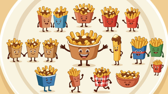 Adorable collection of happy poutine and french fries cartoon characters. Fun, anthropomorphic fast food poutine vector illustration set for menus, branding, and digital design projects