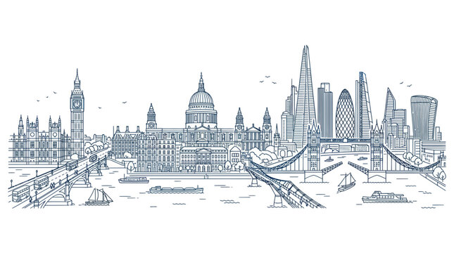 Panoramic london skyline with famous landmarks and thames river