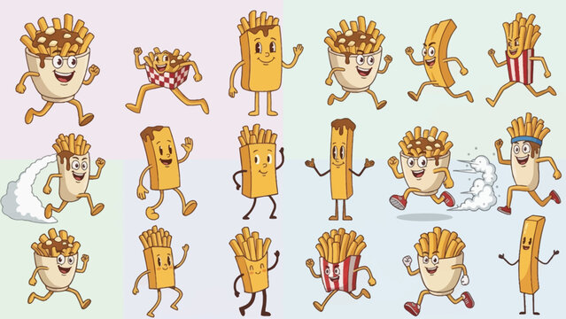 poutine vector set featuring cute cartoon french fry characters running and waving in a fun flat illustration style for fast food design