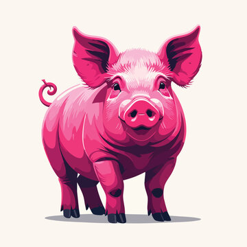 Vibrant Pink Pig Illustration Isolated on White Background.