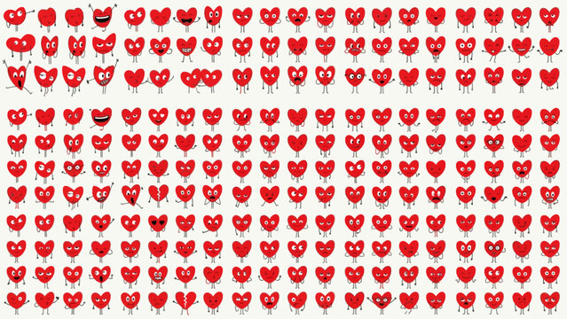 Collection of cute red heart characters with diverse facial expressions and emotions, corazon vector for romantic design and stickers