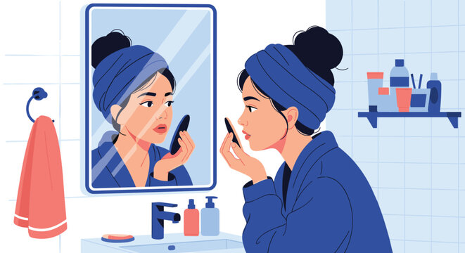 Young woman wearing a blue robe and headband looking into a bathroom mirror while applying skincare products for her daily beauty routine.