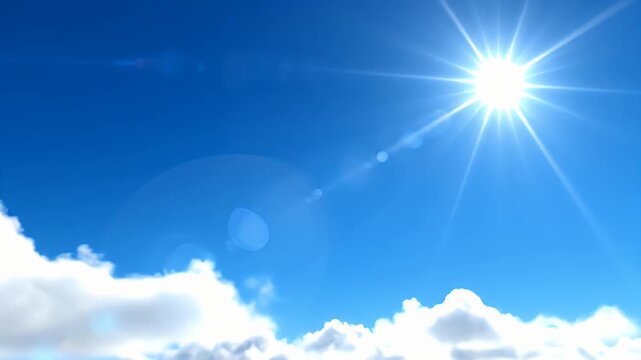 A bright sun shines in a clear blue sky with fluffy white clouds and a beautiful lens flare effect