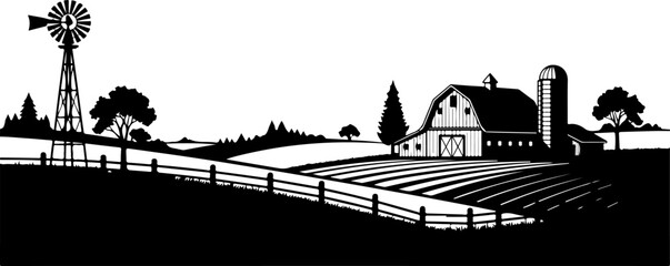 Obraz premium Farm landscape, rural scenery, black and white illustration, vector farmhouse