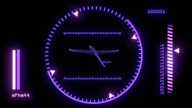 Neon glowing glider or military drone wireframe model. Futuristic defense surveillance and autonomous aviation technology. HUD interface.
