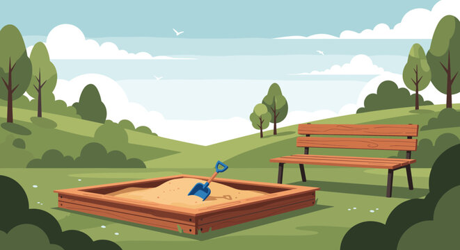 Empty children playground featuring a wooden sandbox with a blue shovel in a sunny green park with trees and a bench for outdoor recreation.