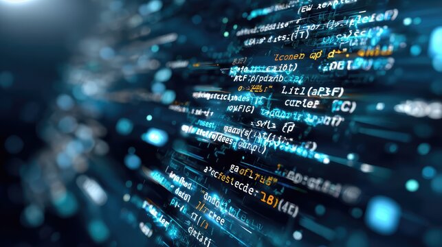 Abstract representation of flowing digital code with glowing elements in a deep blue background, symbolizing technology, innovation, and data processing in the modern world.