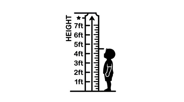 Child standing next to height measurement scale.
