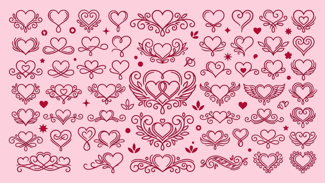 Collection of intricate corazon vector heart shapes and decorative flourishes for wedding and romantic design projects