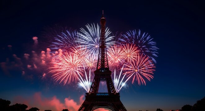 Colorful fireworks exploding over the Eiffel Tower in Paris at night