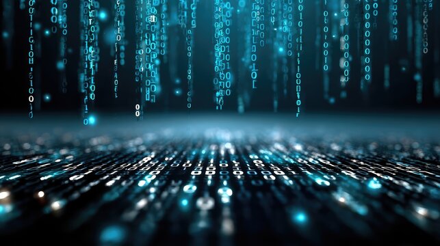 Abstract digital code rain with glowing binary numbers cascading through a futuristic environment, creating a sense of depth and high technology in a dark setting