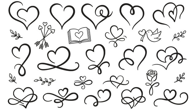Set of calligraphic heart flourishes and corazon vector doodles for wedding and Valentine design