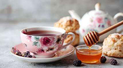 Fototapeta premium English breakfast tea set with honey and scones, styled for traditional breakfast themes, elegant tea service, and cozy morning gatherings.