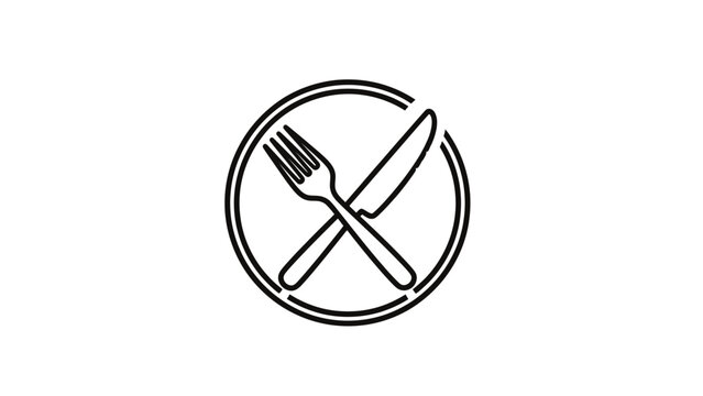 Simple black outline of crossed fork and knife within a circle
