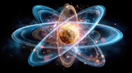 Fototapeta premium Stunning Visualization of an Atomic Structure with Glowing Particles in a Dark Background, Perfect for Science, Education, and Technology Themes Depicting Quantum Physics and Energy Concepts