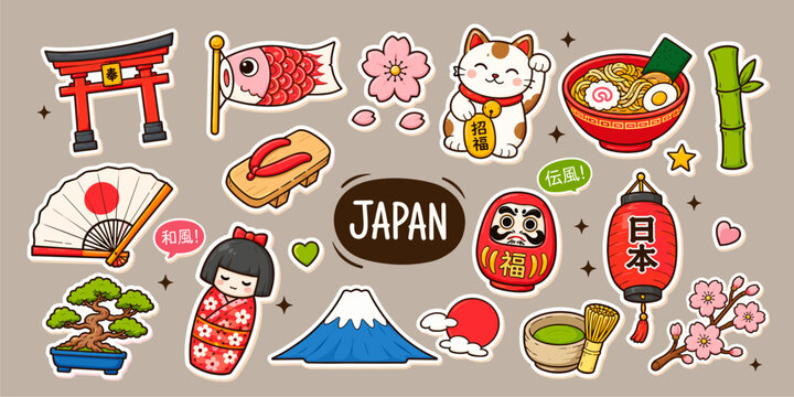 Japan Doodle Culture Sticker Tradition and Japanese Symbols