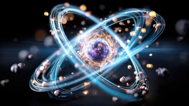 Abstract representation of an atom with vibrant colors and energy patterns, illustrating the core concept of atomic structure in a captivating and artistic manner.