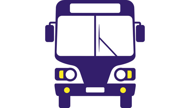 A minimalist front-facing purple bus with yellow lights on a white background