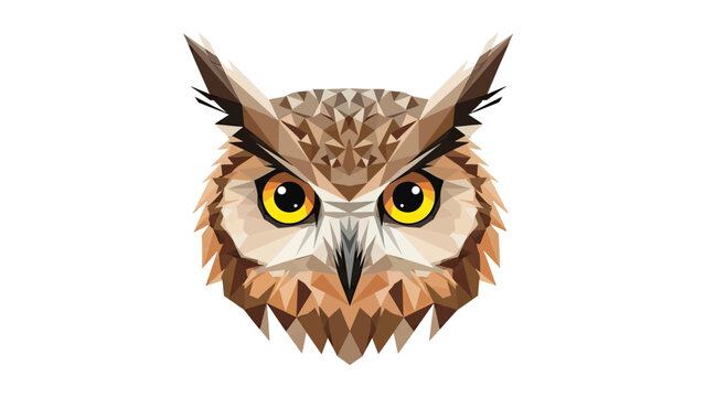 Polygonal owl face with piercing yellow eyes, rendered in earthy tones