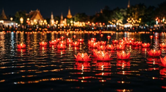 Floating Lanterns on Water at Night, Traditional Chinese Culture Festival