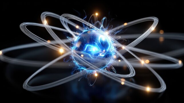 Stunning Visual of a Blue Planet Surrounded by Radiating Energy and Orbiting Rings Representing the Concept of Atomic Structure and Digital Technology in Cosmic Universe