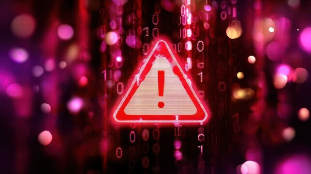 Glowing red hazard sign with falling binary code and bokeh background