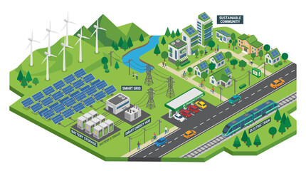 Fototapeta premium Sustainable Green City Isometric Illustration with Solar Panels Wind Turbines and Eco Transport