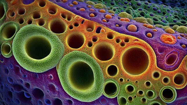 Vibrant microscopic structures display complex surfaces filled with numerous porous openings and textured rings.