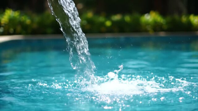 A clear stream of water pouring into a blue swimming pool with bright sunlight creating sparkling reflections