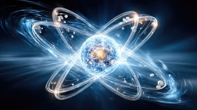 Stunning depiction of an atomic model showcasing a glowing nucleus surrounded by orbiting electrons, with vibrant light trails representing energy and movement in space