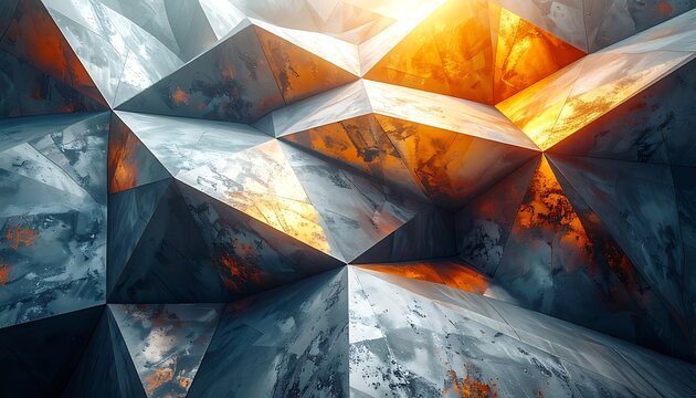 A geometric composition of interlocking polygons in shades of gray and orange