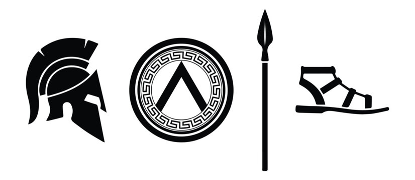 Spartan warrior set &mdash; helmet, shield, spear, sandal icon Silhouette Vector black design on a white background