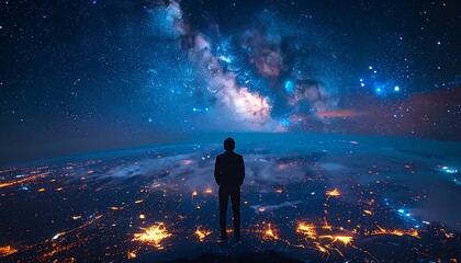 Fototapeta premium A lone figure stands on a cliff overlooking a vibrant cityscape under a starry night sky