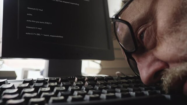 Close-up of a tired bearded man waking from sleep on a computer keyboard while work continues on-screen, symbolizing burnout, deadlines, stress, and workplace exhaustion.