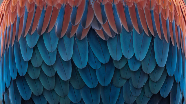 Close up of vibrant blue and red macaw parrot feathers