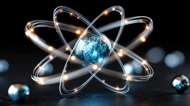 Digital representation of atomic structure with glowing particles and electric energy, symbolizing innovation, technology, and scientific discovery in a modern world.