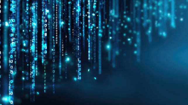 Digital Matrix with Falling Binary Code and Glowing Particles, Representing Data Streams, Technology, and Computer Science Concepts in a Futuristic Environment